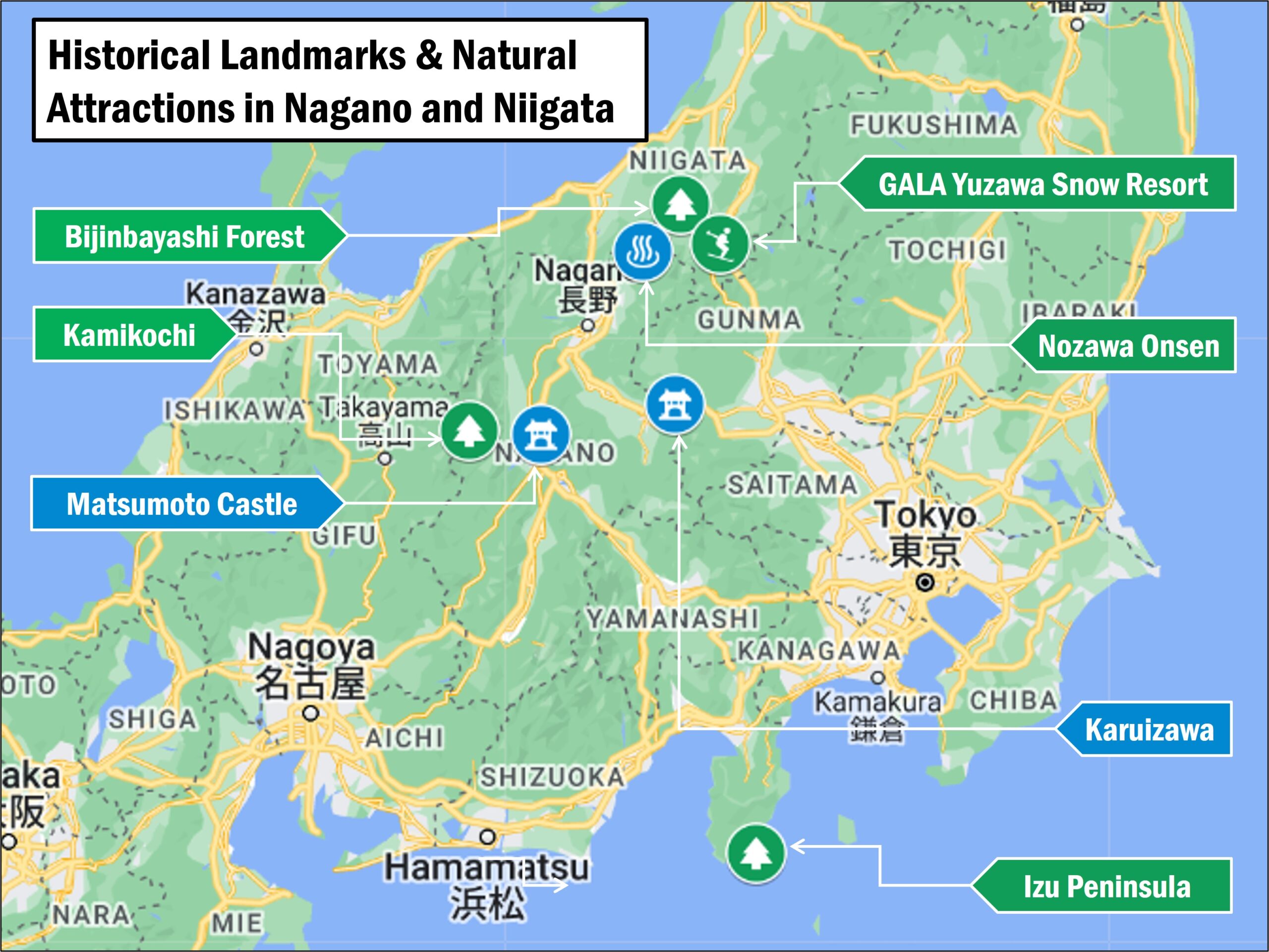 Locations of attractions accessible with the JR EAST PASS (Nagano, Niigata area)