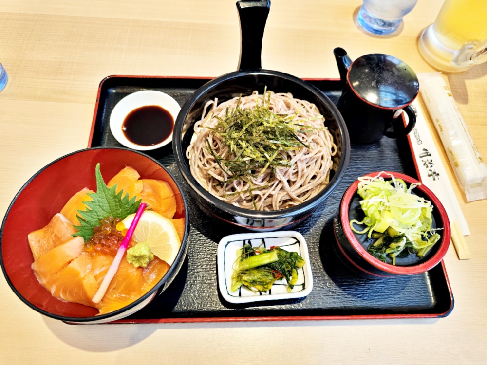 Shinshu soba and shinshu salmon Japanese set meal