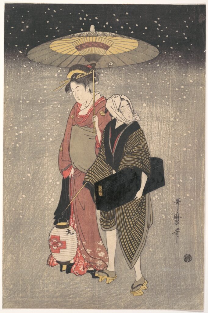 http://www.metmuseum.org/art/collection/search/55862 Artist: Kitagawa Utamaro, Japanese, 1753??1806, Geisha Walking through the Snow at Night, ca. 1797, Polychrome woodblock print; ink and color on paper, H. 14 1/8 in. (35.9 cm); W. 9 1/4 in. (23.5 cm). The Metropolitan Museum of Art, New York. H. O. Havemeyer Collection, Bequest of Mrs. H. O. Havemeyer, 1929 (JP1665)